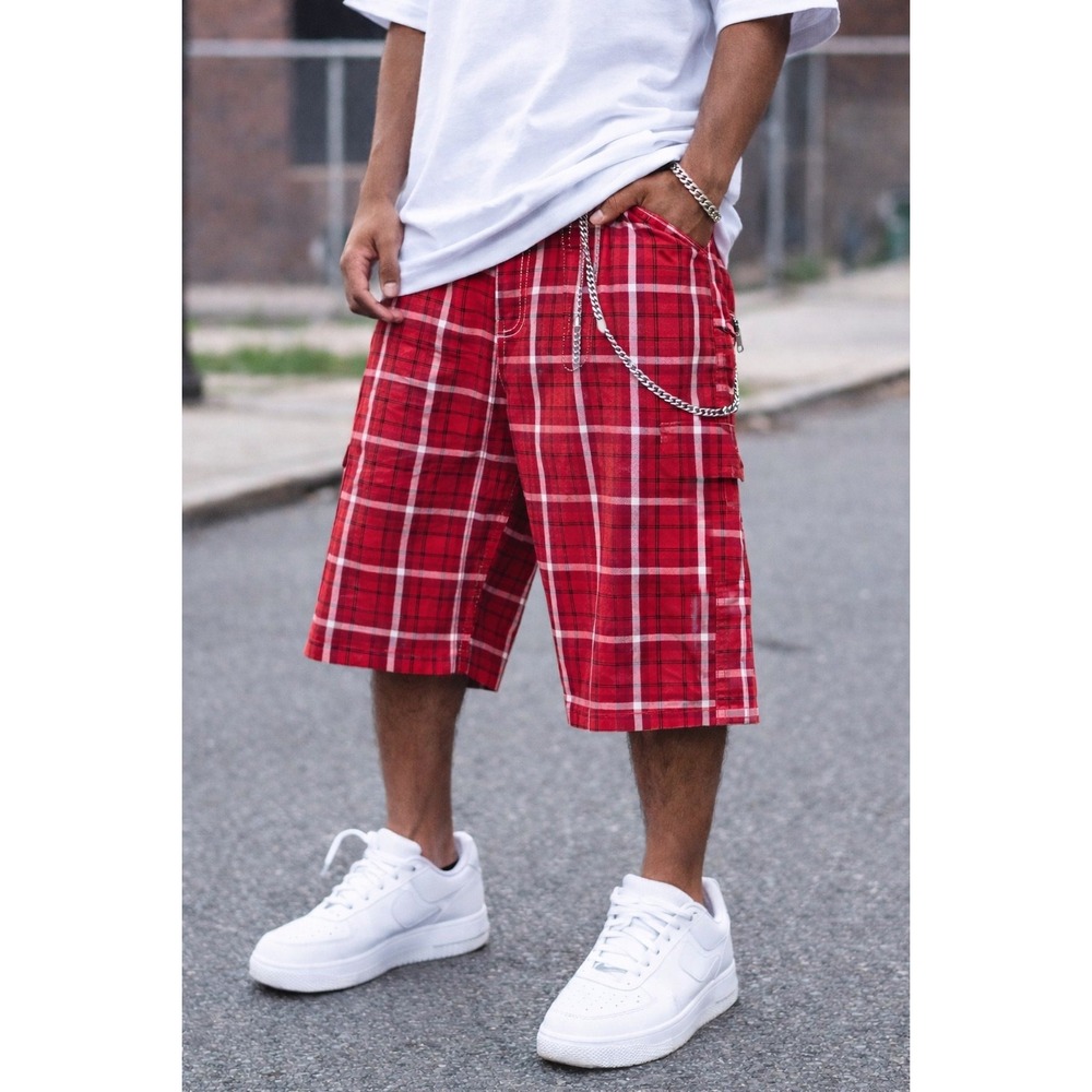 Pelle Pelle Plaid Cargo Shorts Mens‎ 42 Red Y2K Hip Hop Streetwear